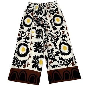 Floral Wide Leg Culotte Pants Medium Cropped Tie Waist Boho Chic Artistic Retro